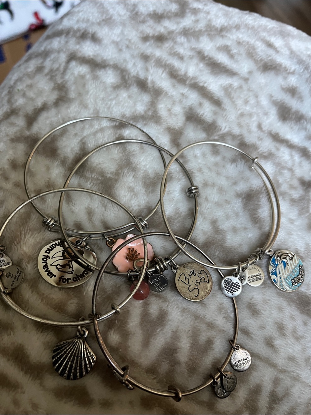 Alex and Ani Silver Charm Bangle Set with Pink & Blue Accents